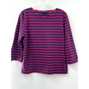 Saint James Women's Blue Red Cotton Striped Scoop Neck 3/4 Sleeve T-Shirt Large
